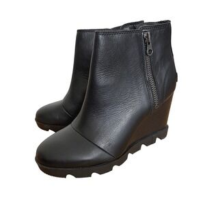 Sorel Evie II Zip Black Leather Wedge Ankle Boots NL4387-010 Womens 8